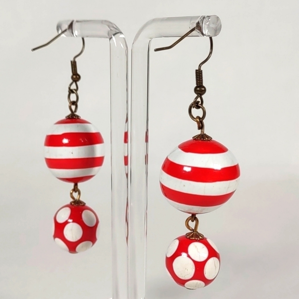 Handmade Red and White Wood Bead Fishhook Post Earrings - Picture 5 of 7